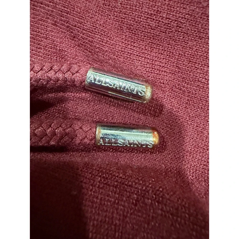AllSaints Gina Drape Jacket Burgundy Oxblood Drawstring Waist Zip Pockets